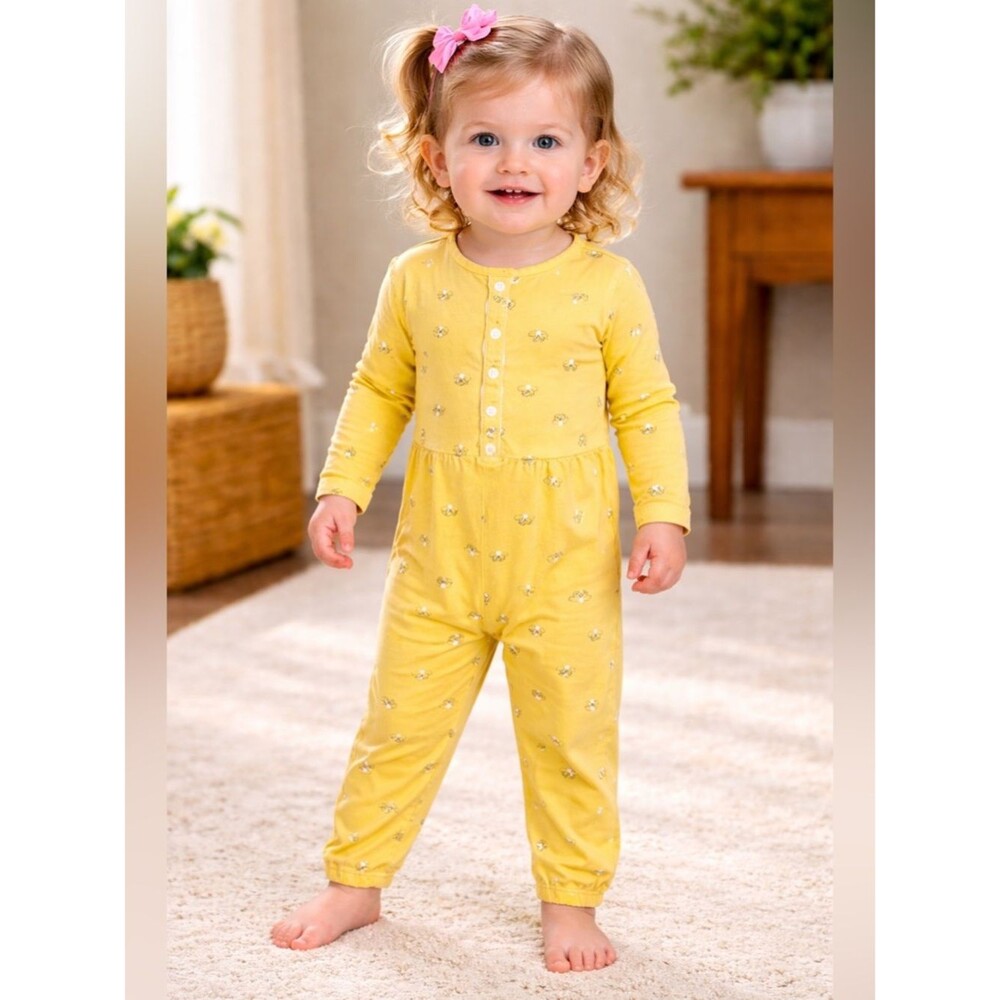 Carter’s Baby Girl 24M Yellow Floral Long Sleeve Jumpsuit One-Piece EUC